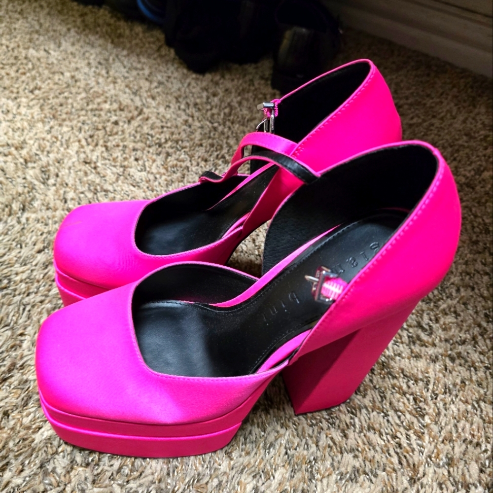Platform Chunky Satin Fuchsia Hot Pink Heels